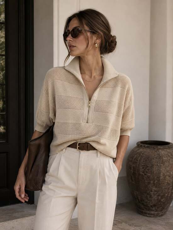 Varley Sweaters - Varley Kembria Half Zip Cotton Knit Sweater Oatmeal Large Quiet Luxury